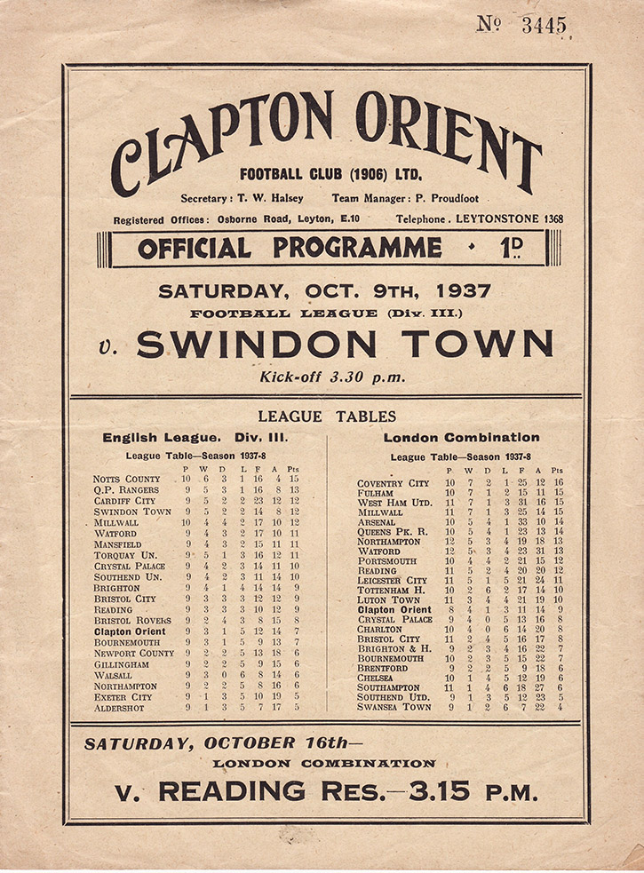 <b>Saturday, October 9, 1937</b><br />vs. Clapton Orient (Away)